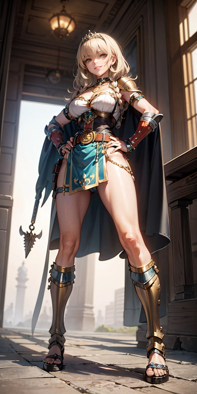 full body whole body 1sologirl loincloth standing warrior proud expression, hands on hips, loincloth standing, hands on hips, metal sandals, choker, big belt, view from below, feet together, bracers, tiara