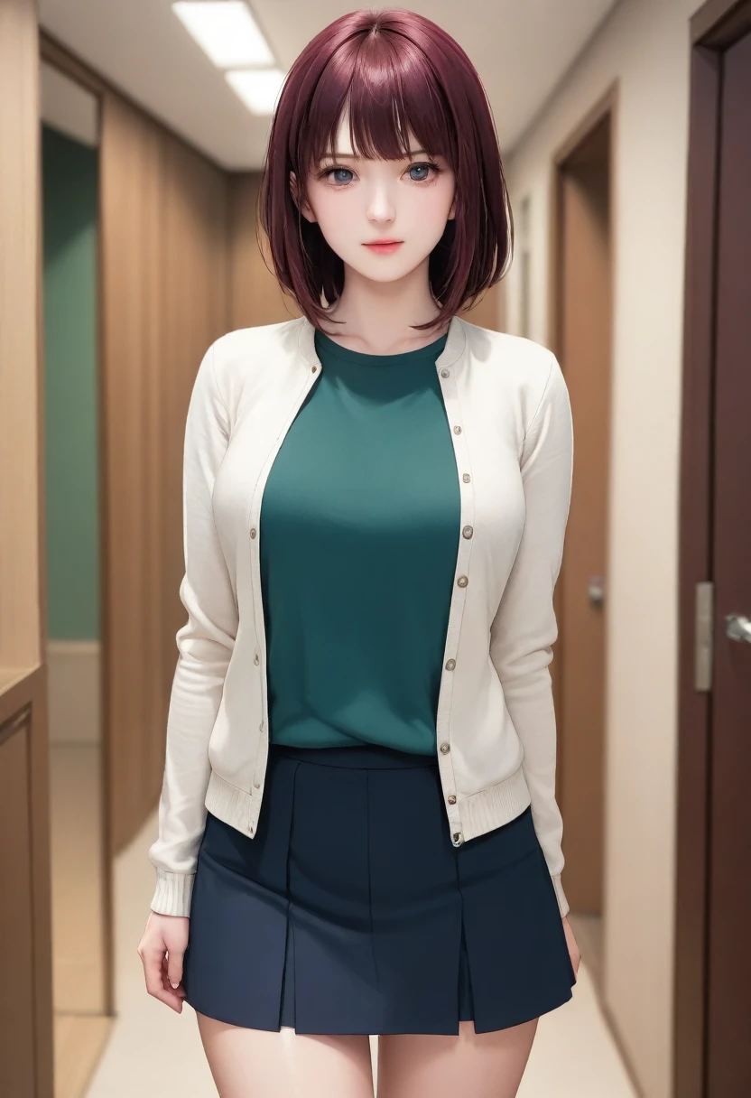 (masterpiece, highest quality, High resolution), Arima Kana (oshi no ko), Sian Carcadigan, sweater, dark_green_shirt,mini skirt, Are standing, Open clothes, alone,