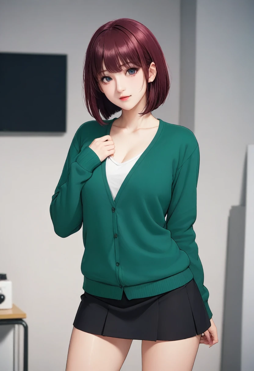 (masterpiece, highest quality, High resolution), Arima Kana (oshi no ko), Sian Carcadigan, sweater, dark_green_shirt,mini skirt, Are standing, Open clothes, alone,