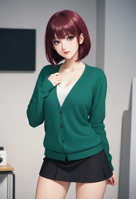 (masterpiece, highest quality, high resolution), arima kana (oshi no ko), sian carcadigan, sweater, dark_green_shirt,mini skirt,...