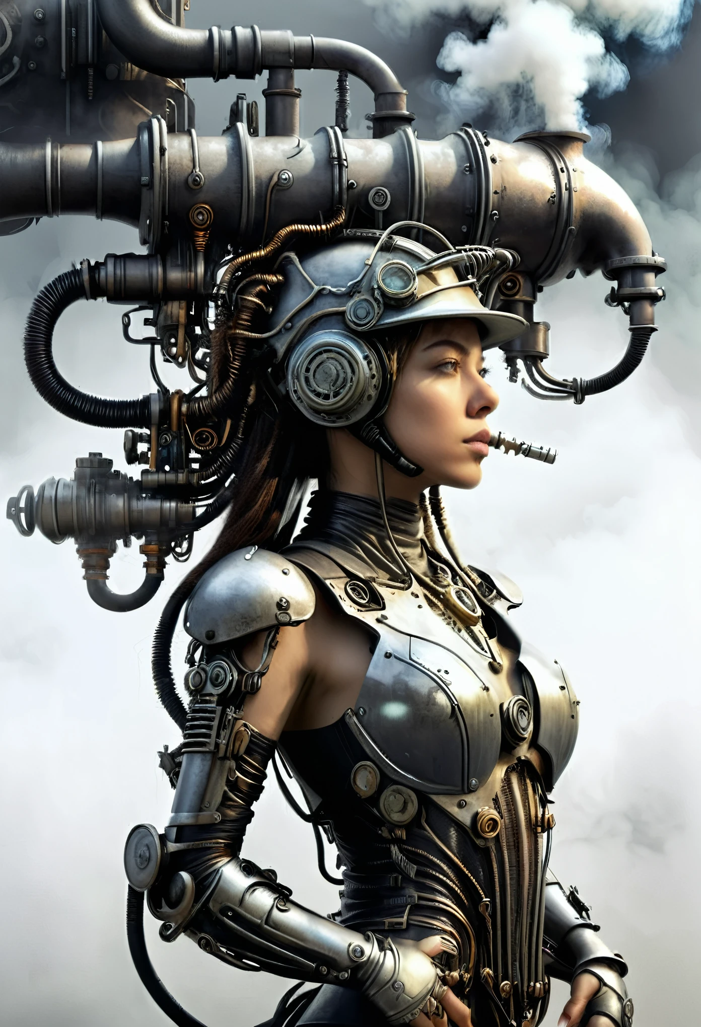 ohwx woman, a steam punk cyborg, side view, white background, unreal engine, inspired by HR Giger, half body portrait, highly detailed, photo realistic, cinematic, movie still, captured in the style of Sony Alpha A7 III camera