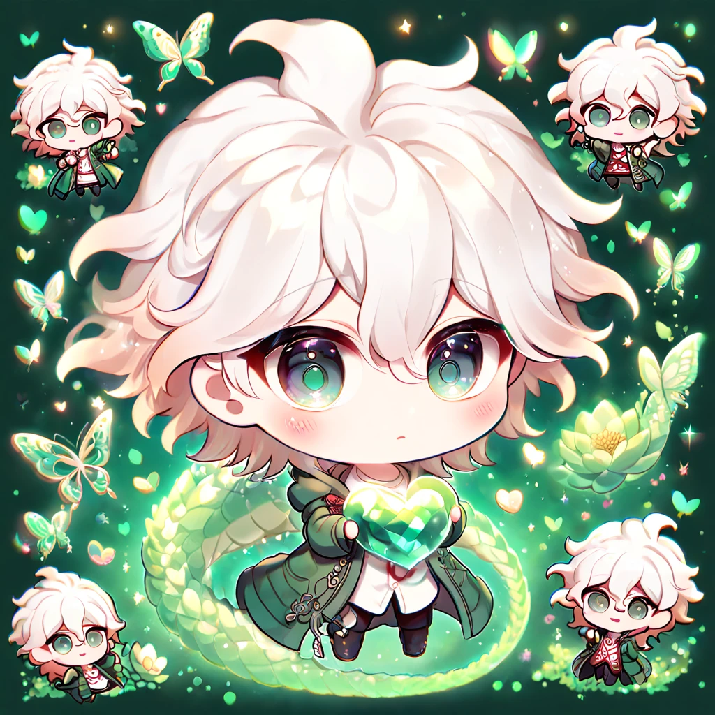 Ultra detailed, HDR, Highres, absurdres, master piece, Komaeda Nagito chibi, white hair, expressive light grey-green eyes, green coat, Danganronpa, emerald glittering butterflies, petals, emerald green lotus, cute, magical, man, extremely detailed face and eyes, glittering, fantasy, white shirt, hugging a emerald green dragon, love, green emerald background