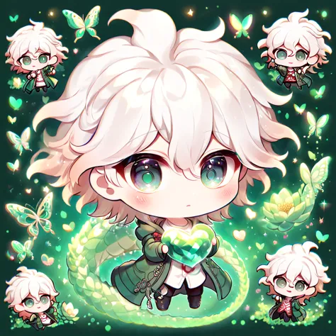 ultra detailed, hdr, highres, absurdres, master piece, komaeda nagito chibi, white hair, expressive light grey-green eyes, green...