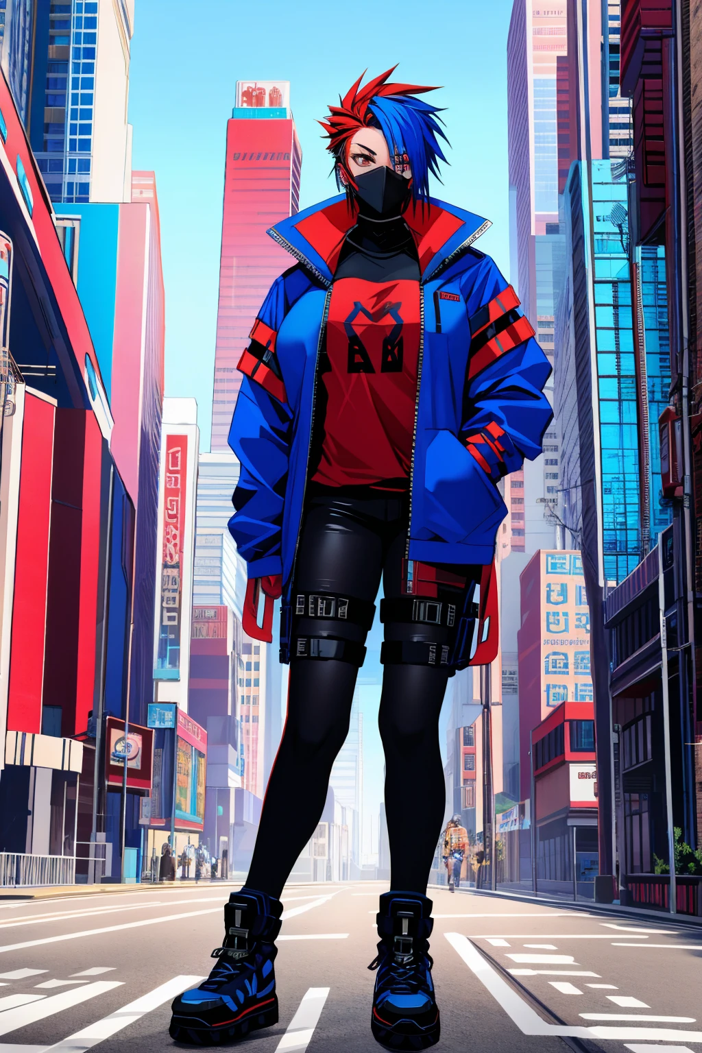 Apocalyptic red and blue punk head A girl big breasts breast enlargement cyberpunk shirt jacket A man standing in a city corner looking at the camera full-body shot
