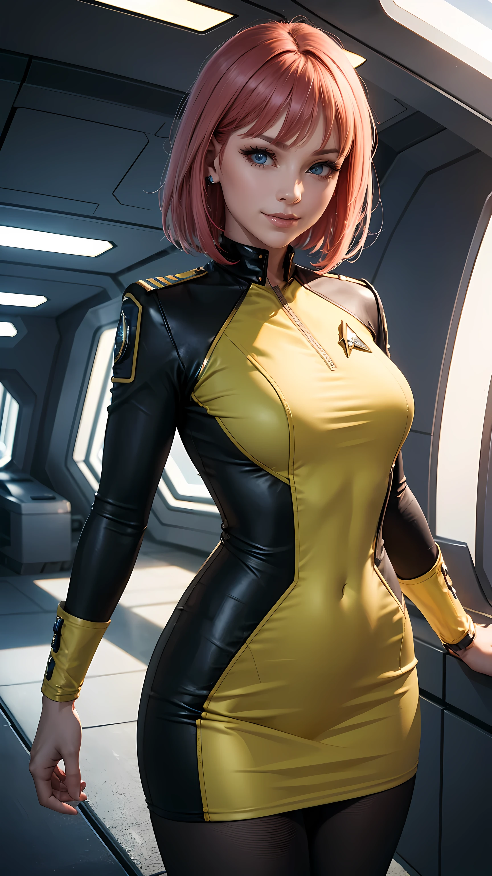 Beautiful short hair woman is shown to have a sexy figure, She is wearing classic star trek yellow uniform, jewelry, she has blue eyes, smile tease look, Girl standing on a command bridge of a starship, poseing, portrait, superior quality, many details, realistic