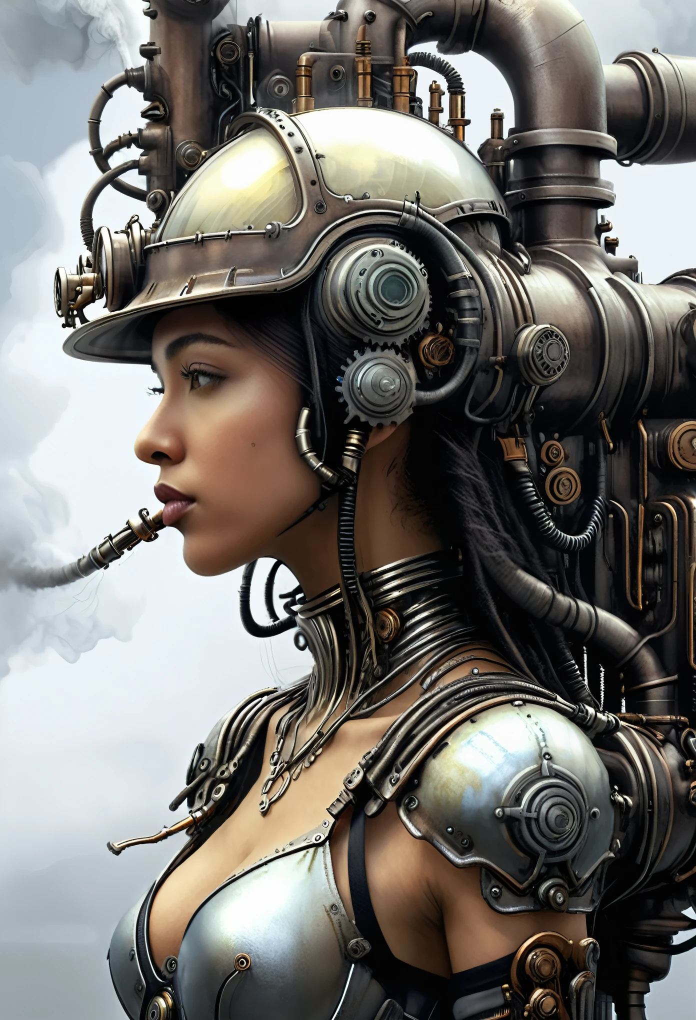 ohwx woman, a steam punk cyborg, side view, white background, unreal engine, inspired by HR Giger, half body portrait, highly detailed, photo realistic, cinematic, movie still, captured in the style of Sony Alpha A7 III camera