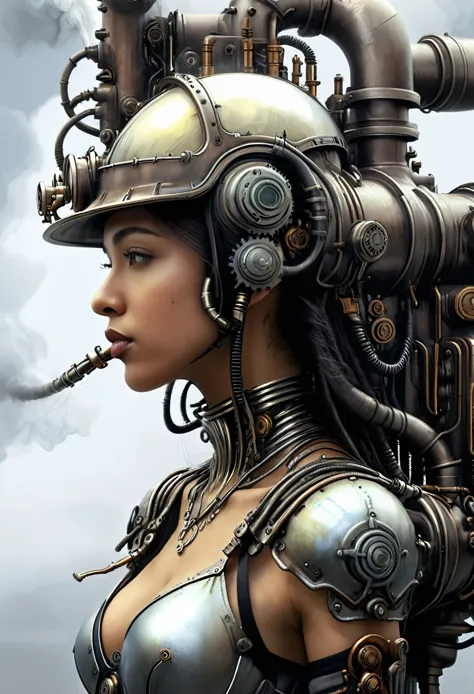 ohwx woman, a steam punk cyborg, side view, white background, unreal engine, inspired by HR Giger, half body portrait, highly de...