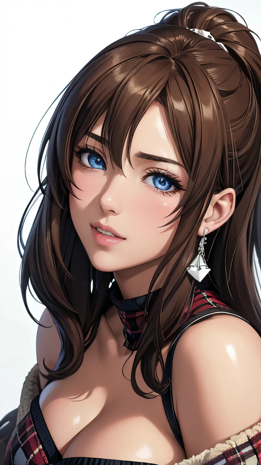 blue eyes with slit pupils, (highest quality, masterpiece painting:1.3), immature woman, 16 years old, (half body shot), masterpiece, ultra high resolution, (Photoreal:1.0), ((light brown hair)),straight hair, beautiful shining hair, white and shining skin, ((Ultra realistic details)), octane rendering, highly detailed face, (big breasts:0.8), (make a heart with hands), Blanket Scarf Wrap, A large, cozy blanket scarf in a plaid or checkered pattern, Wrap it around your neck or drape it over your shoulders for warmth, Style with a chunky knit sweater, skinny jeans, and knee-high riding boots for a cozy winter look, open neckline, cleavage, perfect body, soft skin, White cherry blossom embroidery pattern, silver earrings, (pure white background:1.4), sharp focus, intricate details, professional artwork, (bright colors:1.1), bright colors, diffused lighting, digital blending, ultra-definition body, ultra detail hair, super detailed face, trending on pixiv, top button open, Cute gaze, compensate, perfect lips, perfect compensate, Ultra-precision coating, (light_smile:0.8),