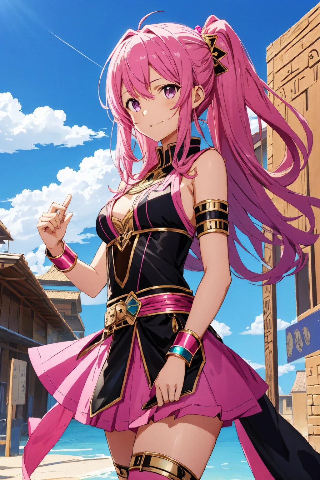 Kirito, Pink egyptian dancer&#39;s clothing, blushing and smiling, dark skin and long hair, standing alone in the dance hall, big breasts breast enlargement breasts pumped up looking at the camera full-body shot