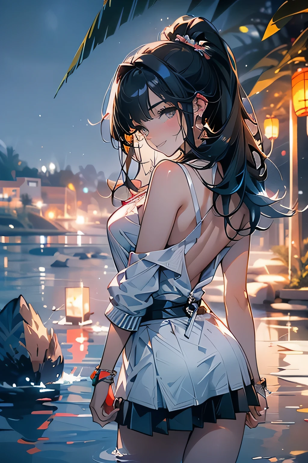 Looking back,(high angle,cleavage),((masterpiece, highest resolution,best quality)),  (beautiful illustration), ((semi long beautiful black hair,blunt bangs,pony tail,beautiful eyes)),(solo),(elegant swimsuit, Japanese high ,sailor,mini skirt),(looking at the viewer), (bathing in the sea),(innocent cute laugh,teeth), (cinematic lighting),beach, sand, blue sky, waves, coconut tree,fish,boat,sea gull,