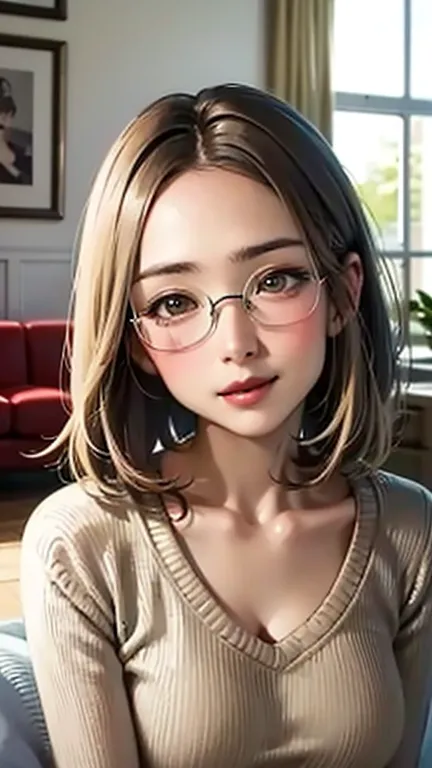 1 female, /(Tight sweater/) V-neck, Mature Woman, /((((Mid-length hair、Light brown hair、Blonde hair)))) Beautiful forehead, Styl...