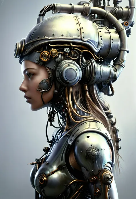 ohwx woman, a steam punk cyborg, side view, white background, unreal engine, inspired by HR Giger, half body portrait, highly de...