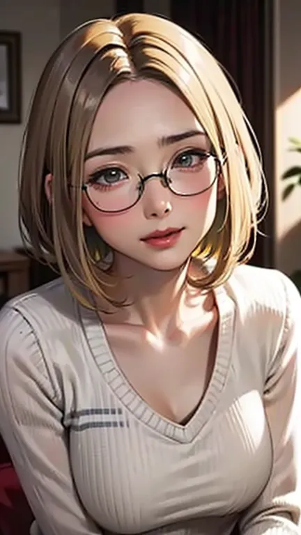 1 female, /(Tight sweater/) V-neck, Mature Woman, /((((short hair、Light brown hair、Blonde hair)))) Beautiful forehead, Stylish G...