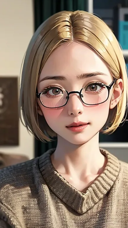 1 female, /(Tight sweater/) V-neck, Mature Woman, /((((short hair、Light brown hair、Blonde hair)))) Beautiful forehead, Stylish G...