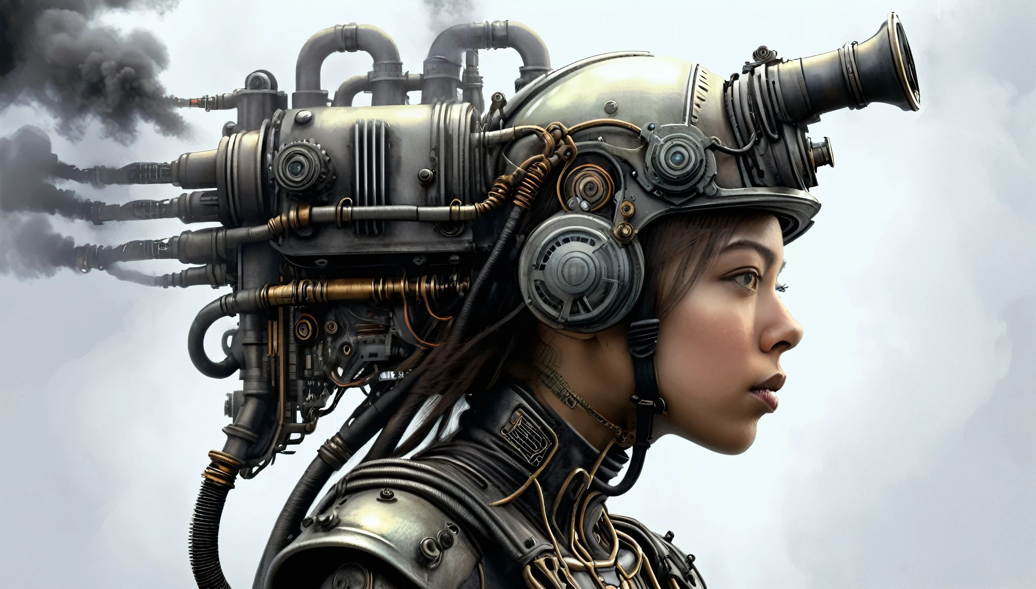 ohwx woman, a steam punk cyborg, side view, white background, unreal engine, inspired by HR Giger, half body portrait, highly detailed, photo realistic, cinematic, movie still, captured in the style of Sony Alpha A7 III camera