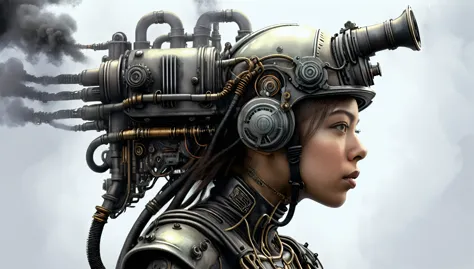 ohwx woman, a steam punk cyborg, side view, white background, unreal engine, inspired by HR Giger, half body portrait, highly de...