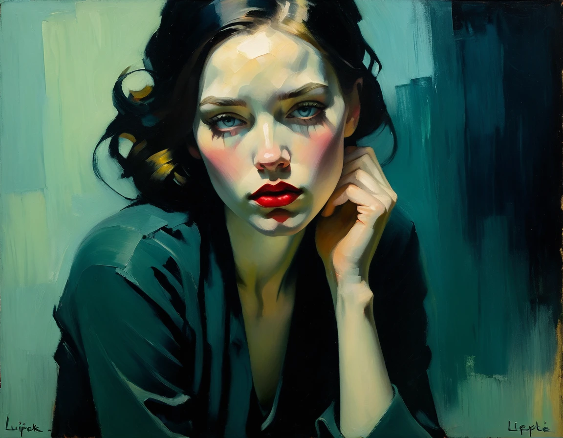 Crie uma pintura a óleo evocativa inspirada em Malcolm Liepke, com base na imagem fornecida. Capture o intenso, expressão introspectiva do jovem sujeito usando espessura, pinceladas expressivas e uma paleta de cores suaves. Destaque a profundidade emocional e a vulnerabilidade no olhar do sujeito, enfatizando o jogo de luz e sombra em seu rosto. Mantenha uma simplicidade, fundo texturizado que complementa a presença contemplativa do sujeito. Concentre-se na qualidade tátil da tinta a óleo para transmitir a emoção crua e a intimidade características do estilo de Liepke.