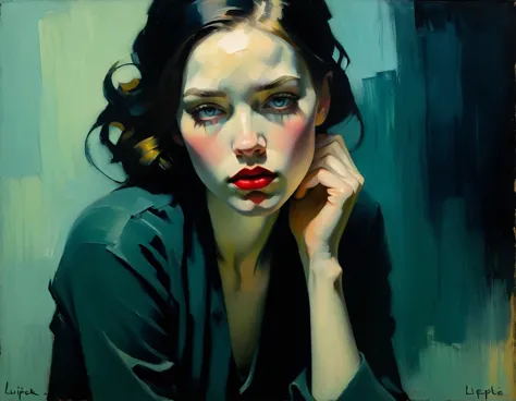 Create an evocative oil painting inspired by Malcolm Liepke, based on the provided image. Capture the intense, introspective exp...