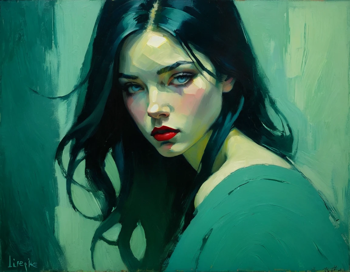 Crie uma pintura a óleo evocativa inspirada em Malcolm Liepke, com base na imagem fornecida. Capture o intenso, expressão introspectiva do jovem sujeito usando espessura, pinceladas expressivas e uma paleta de cores suaves. Destaque a profundidade emocional e a vulnerabilidade no olhar do sujeito, enfatizando o jogo de luz e sombra em seu rosto. Mantenha uma simplicidade, fundo texturizado que complementa a presença contemplativa do sujeito. Concentre-se na qualidade tátil da tinta a óleo para transmitir a emoção crua e a intimidade características do estilo de Liepke.