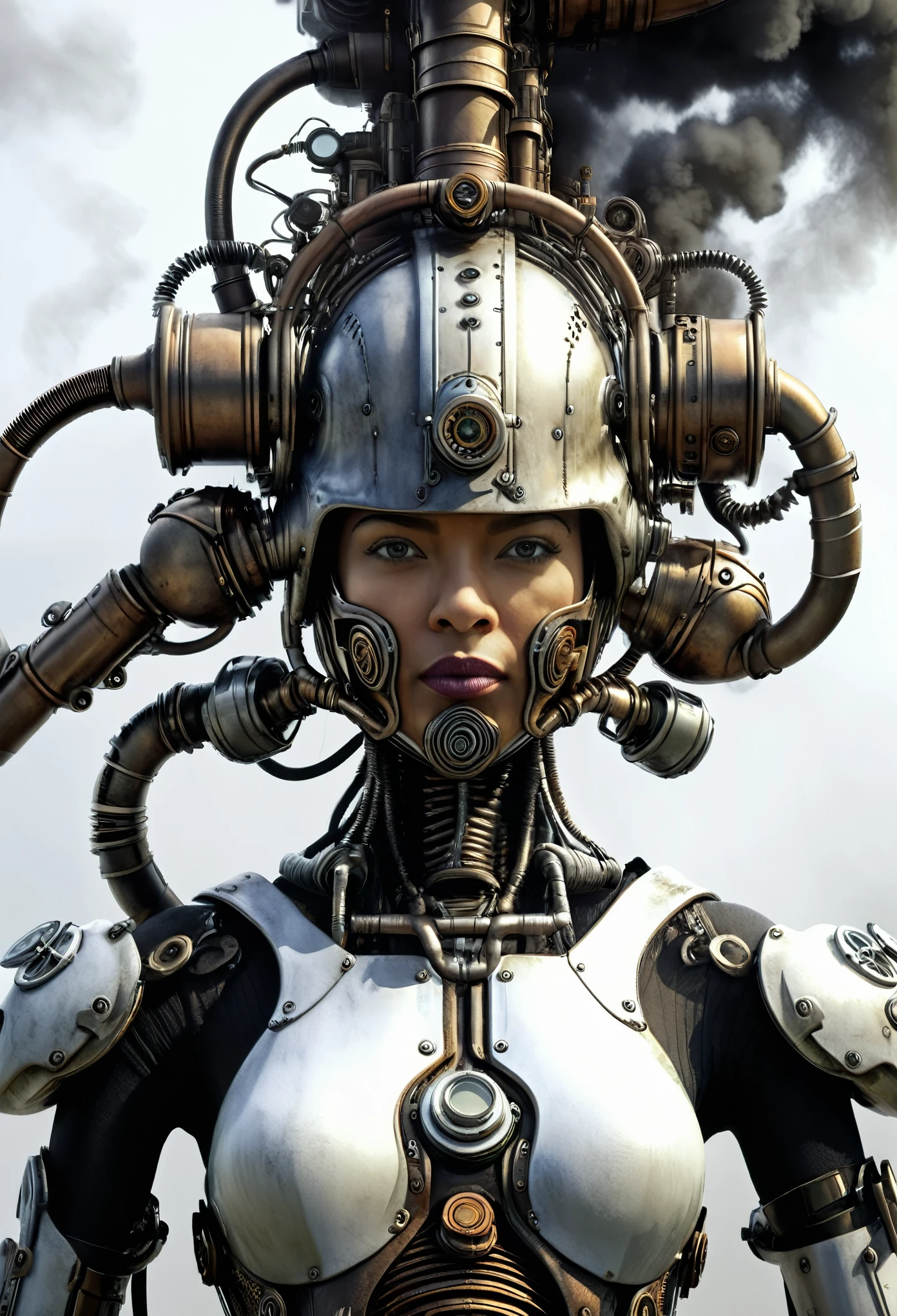 ohwx woman, a steam punk cyborg, front view, white background, unreal engine, inspired by HR Giger, half body portrait, highly detailed, photo realistic, cinematic, movie still, captured in the style of Sony Alpha A7 III camera