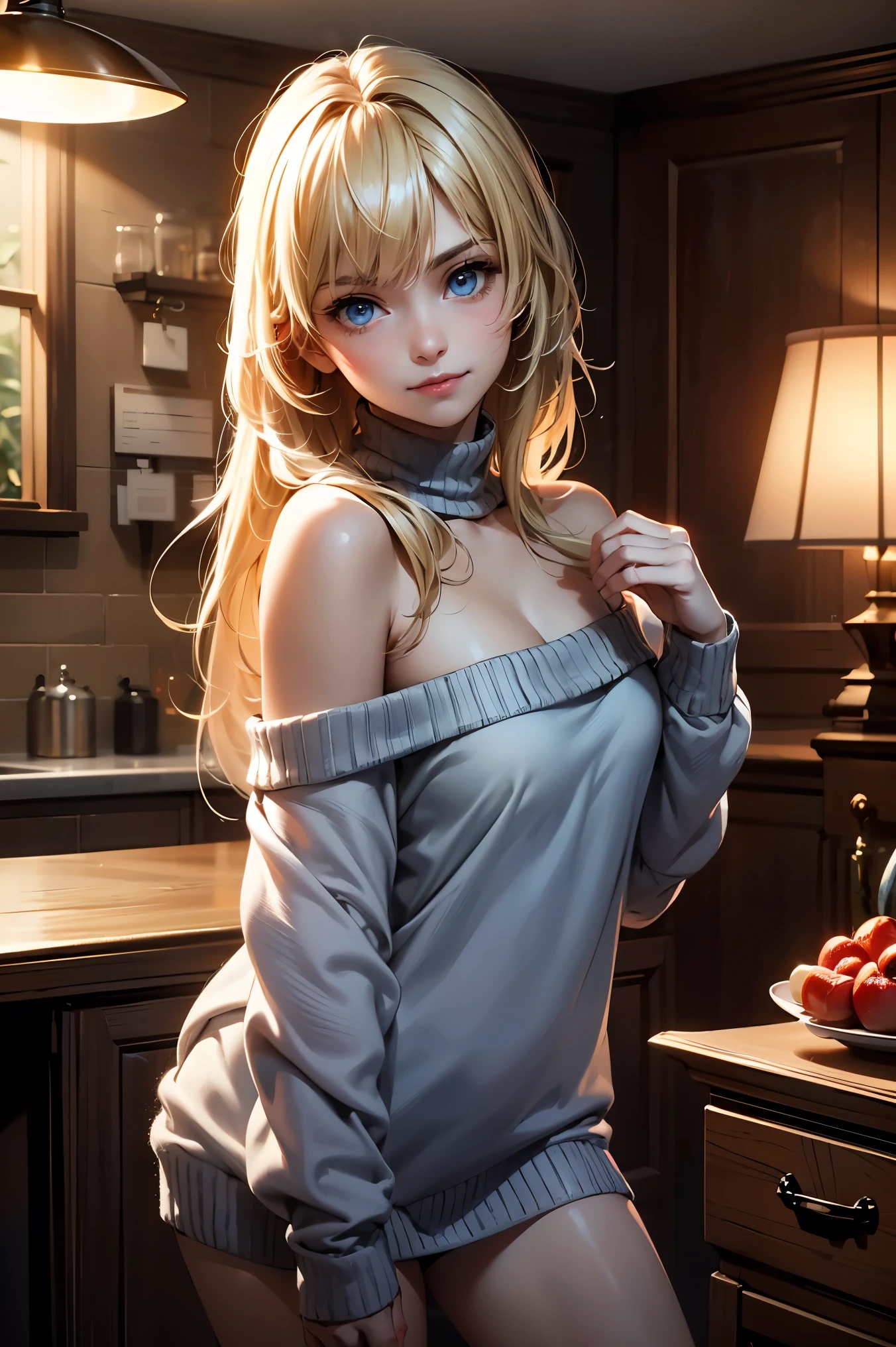 Masterpiece, best quality, high resolution, ultra detailed, slight smile, a woman long blonde hair with bangs, light blue eyes, a beautiful girl looking at the camera, Frontal view, ((off-the-shoulder light red sweater,)) bare legs, night, warm interior room, image illuminated by a small lamp, depth of field, (half body: 0.6),