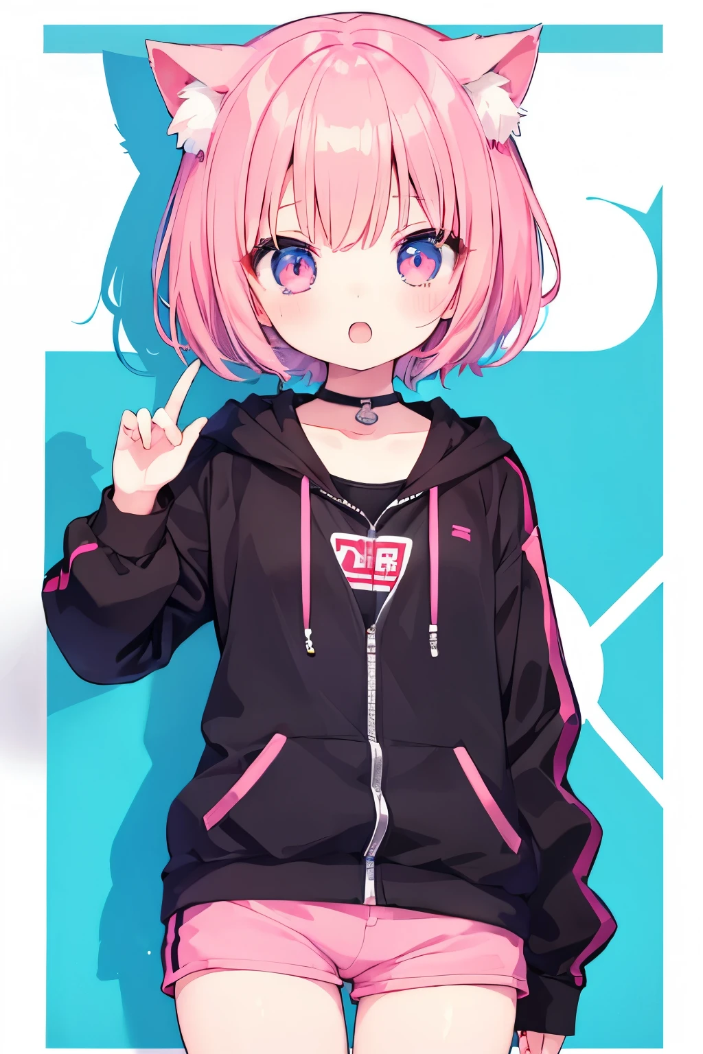 Anime girl with pink hair and pink ears in a black hoodie - SeaArt AI