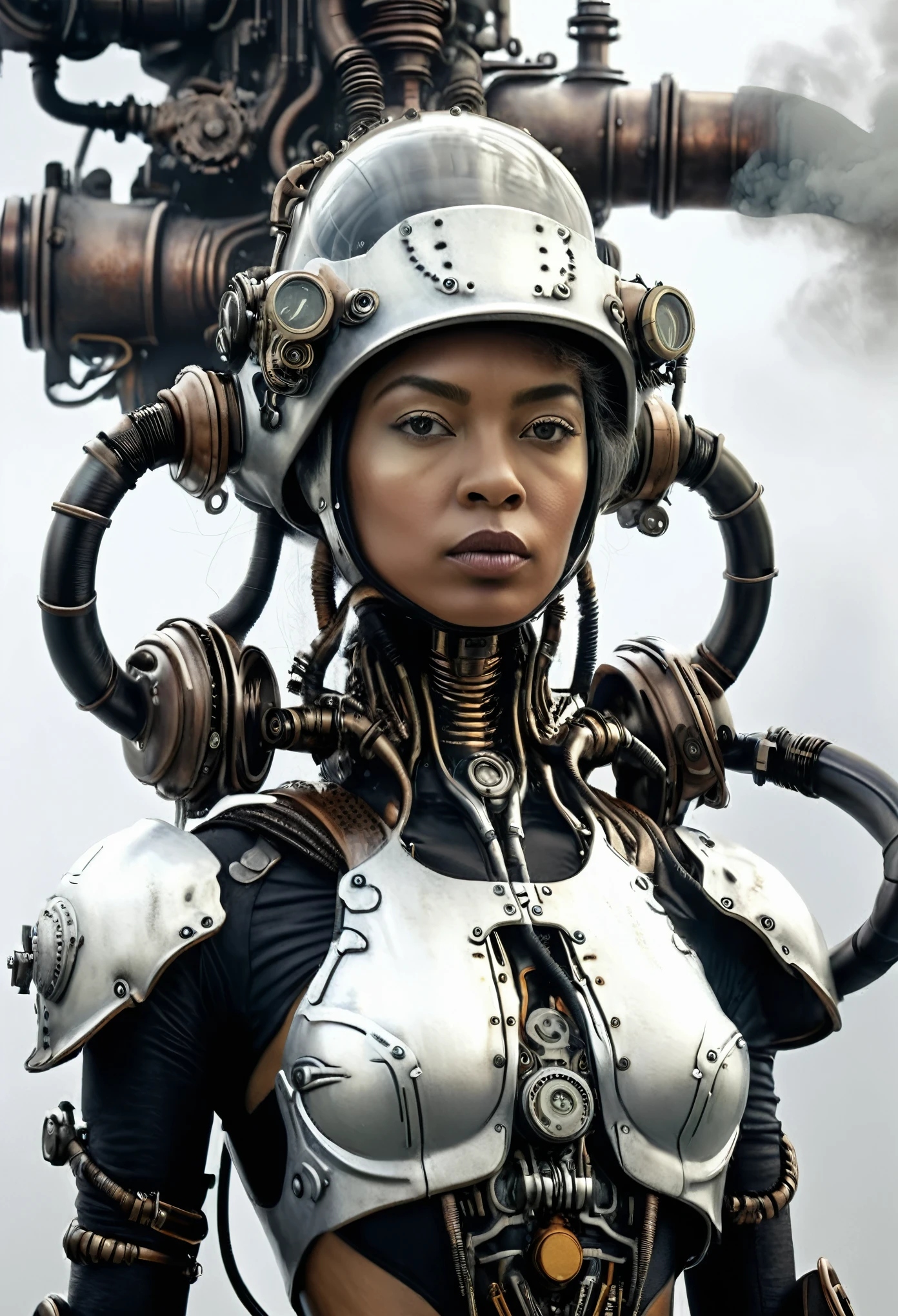 ah, mulher, um ciborgue steam punk, vista frontal, fundo branco, motor irreal, Inspirado em HR Giger, Retrato de meio corpo, Altamente detalhado, foto realista, cinematic, filme ainda, capturado no estilo da câmera Sony Alpha A7 III