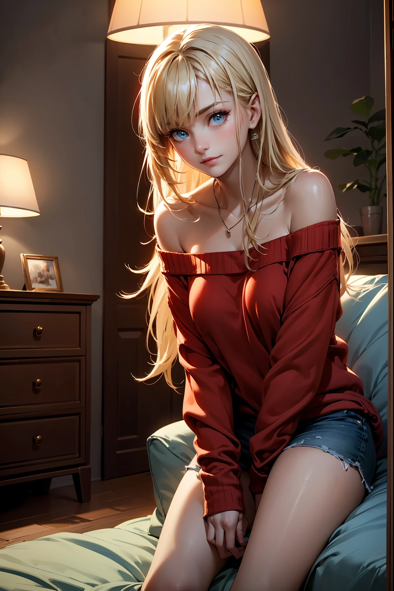 Masterpiece, best quality, high resolution, ultra detailed, slight smile, a woman long blonde hair with bangs, light blue eyes, a beautiful girl looking at the camera, Frontal view, ((off-the-shoulder light red sweater,)) bare legs, night, warm interior room, image illuminated by a small lamp, depth of field, (half body: 0.6),