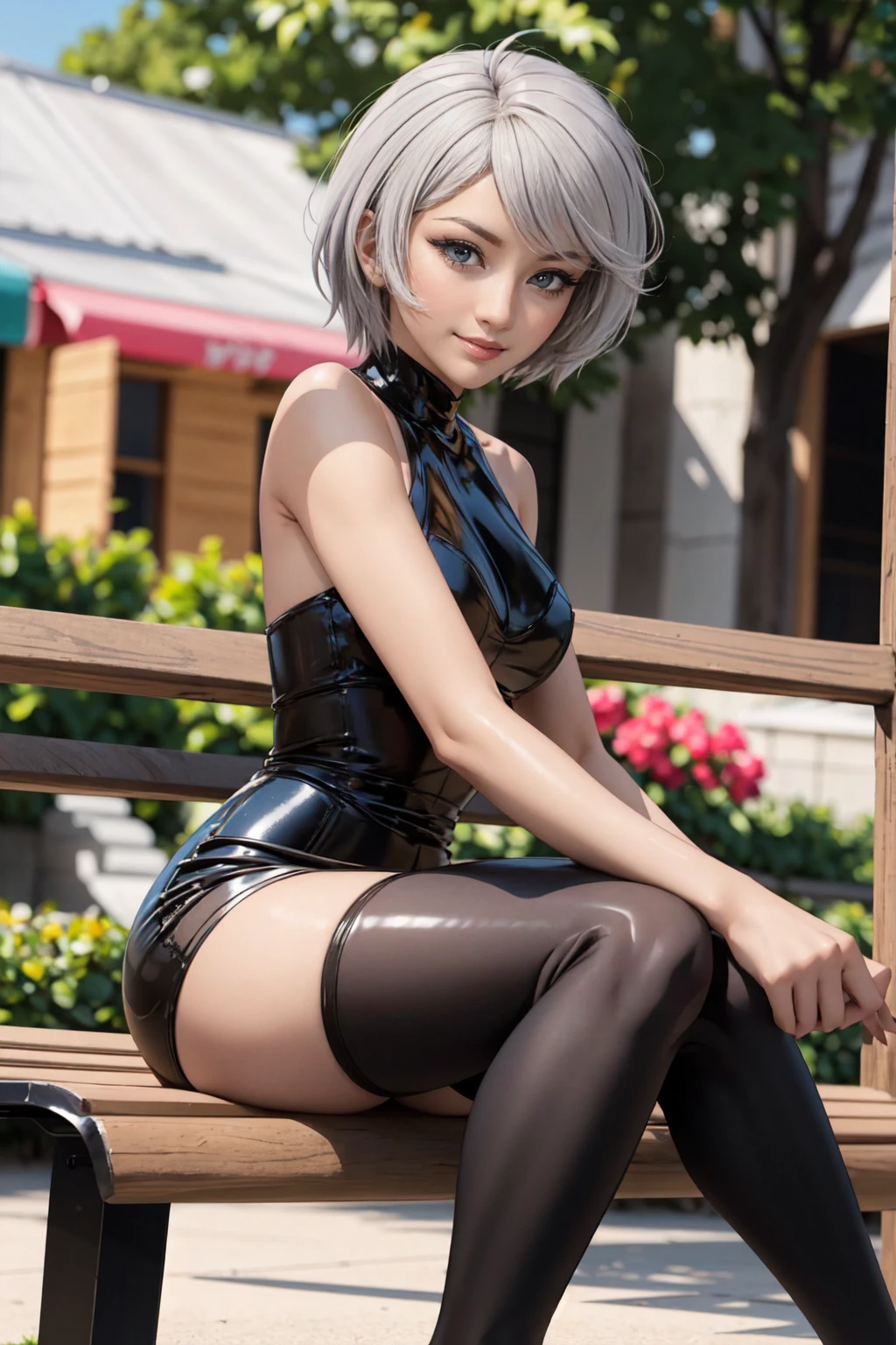 (masterpiece, Best quality, high development, high detail, 1 girl 18/19 years old, one, solo, looks at the viewer, Akira Yamamoto, gray hair, short hair, Red eyes, ahoge,
Latex dress, sideless outfit, armbands, Latex tights, latex, cross-laced clothing, hand between legs, nice smile, V-shaped eyebrows, sitting on a bench in the parks, legs spread.