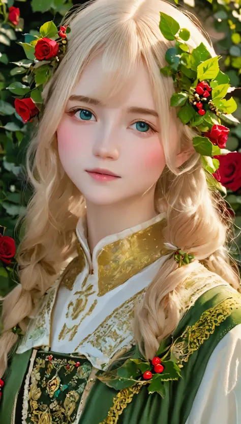 raw photos、realistic、cute girl portrait、１４talent、beige hair、very detailed_face_eye、美しく澄んだ灰色のeye、irish national costume、red roses...