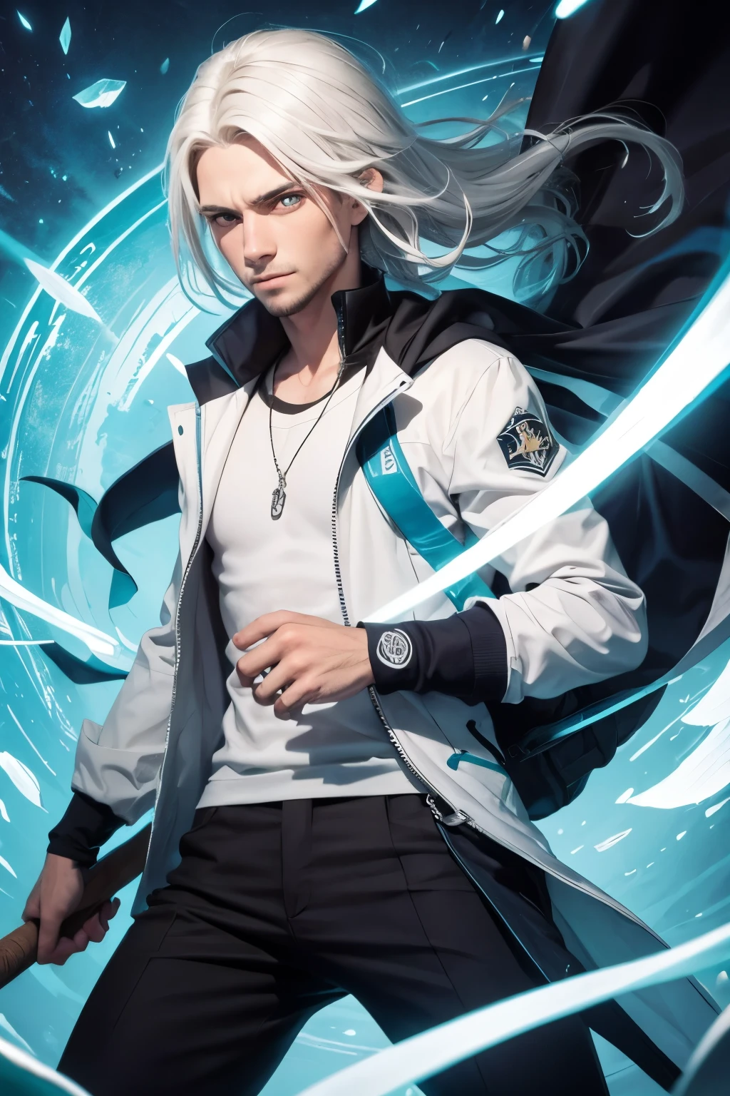 Obra de arte, melhor qualidade, ((1 homem)),cabelo azul,olhos verdes,expressão séria, sorridente,cintura para cima,arte de linha,cabelo medio,blazer branco,camiseta preta,olhos inexpressivos,((Estilo tite kubo))