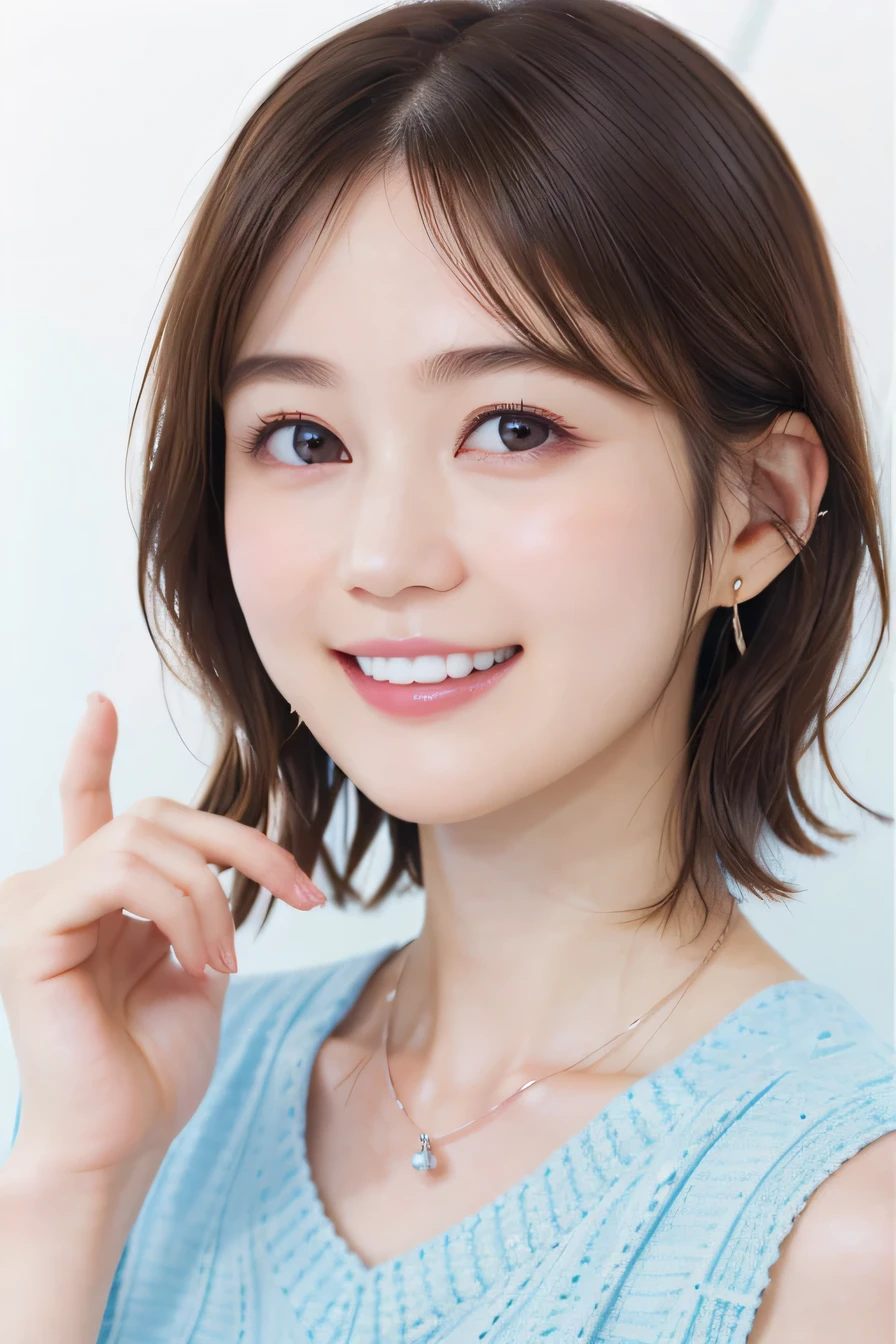 205  ((short hair)), 20-year-old female, Surrealism, A refreshing smile、Open your mouth、Beautiful teeth alignment、Brown Hair、ear piercing、Necklace around the neck、