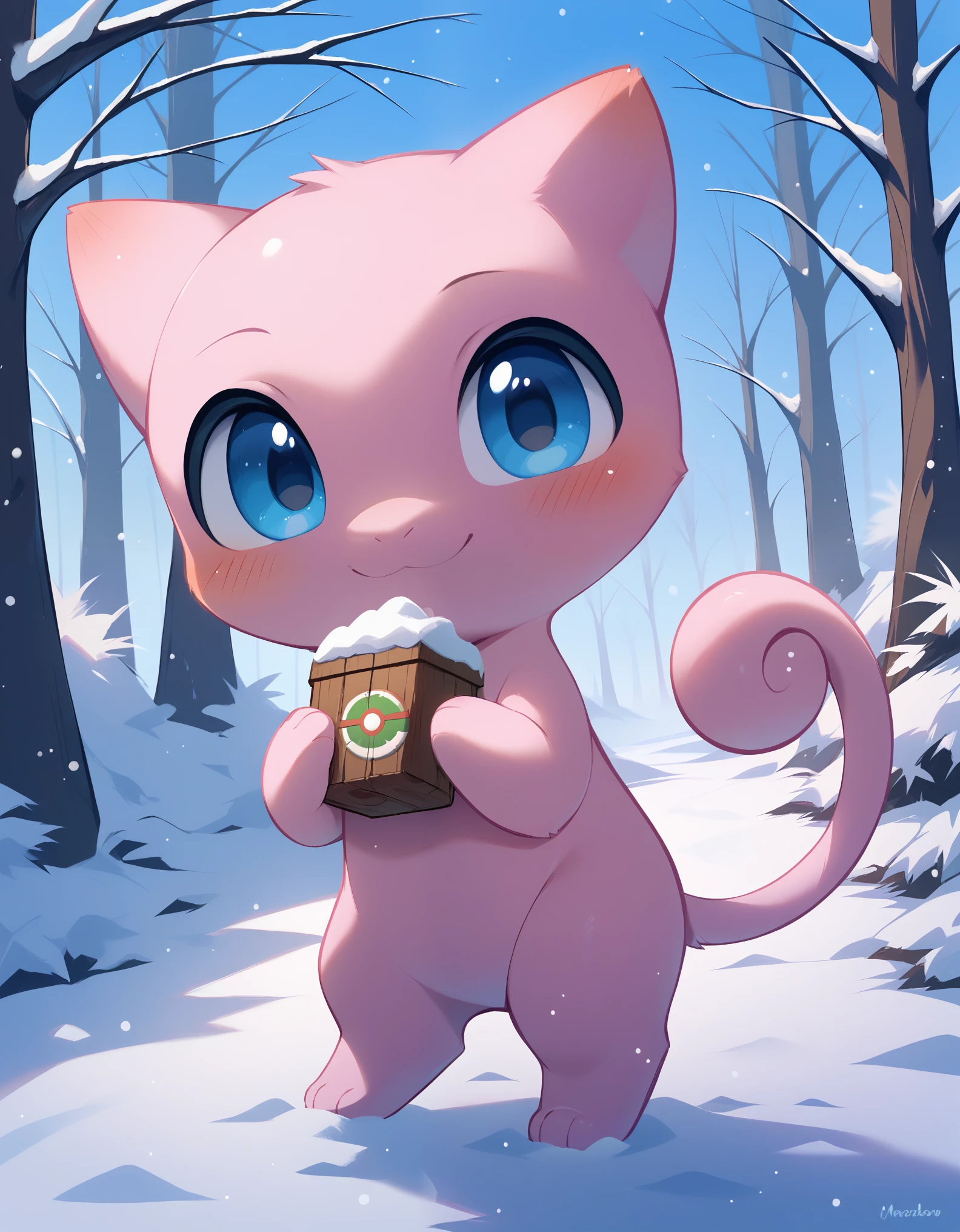 score_9, score_8_up, score_7_up, mew pokemon, cute, smile, forest,, best quality, hi res, masterpiece, absurd res, highly detailed, impasto, digital media \(artwork\), (simple background), winter, snow, forest BREAK, solo, chibi, nude, full body, blue eyes, pink fur, pokemon \(species\), glistening body, looking at viewer, blush,