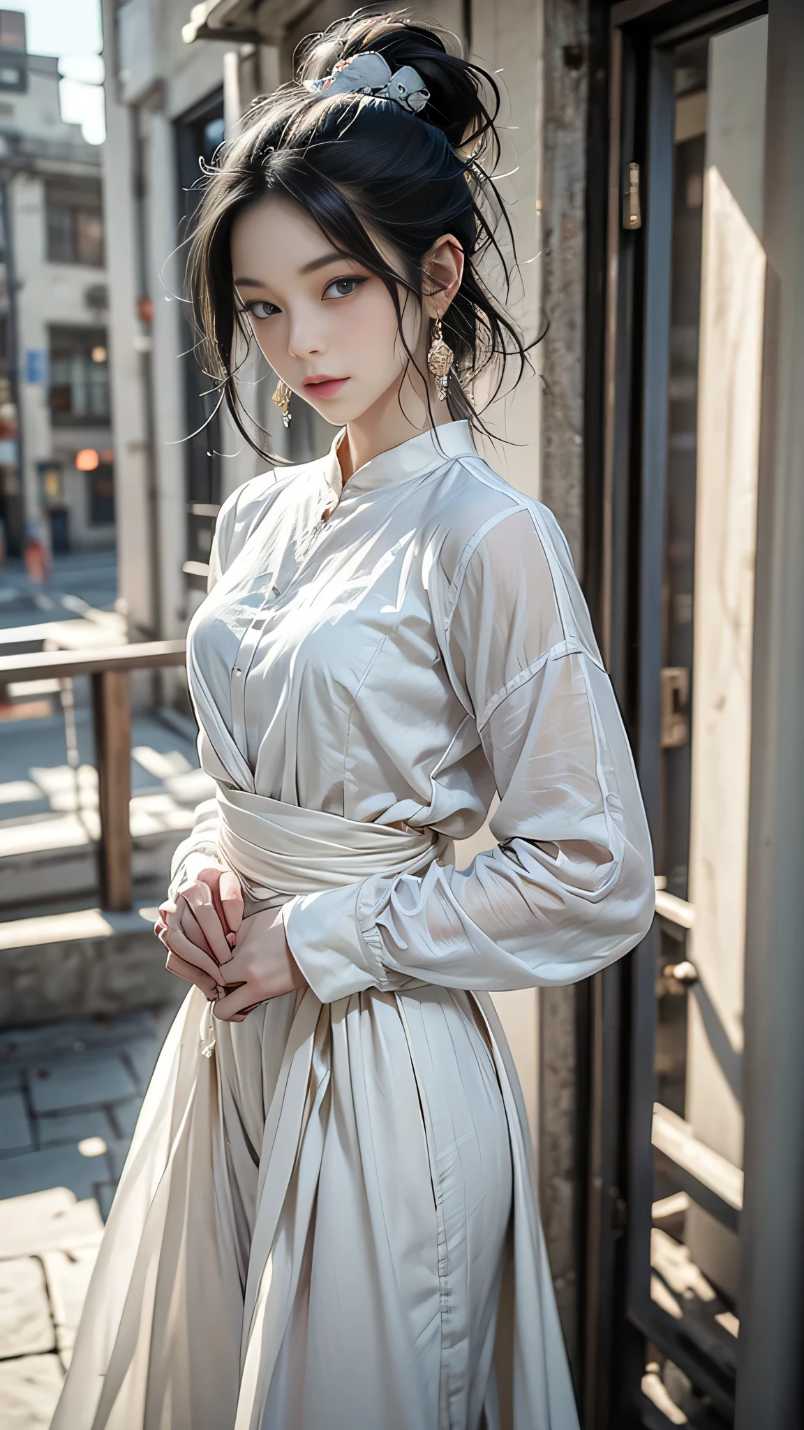 1 female, Black Hair, Blue Eyes, Delicate face, cute, Love Earrings, White Dress, Standing at the entrance to the police station, Playful, Ultra HD, masterpiece, highest quality, Super detailed, Accurate