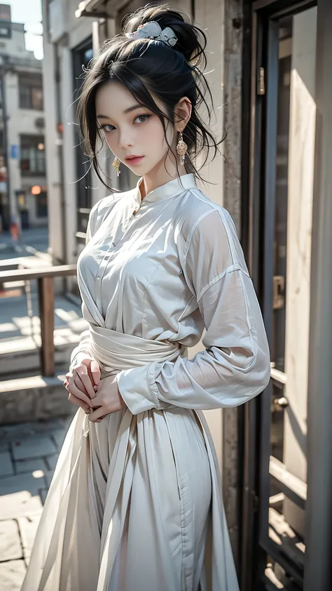 1 female, black hair, blue eyes, delicate face, cute, love earrings, white dress, standing at the entrance to the police station...