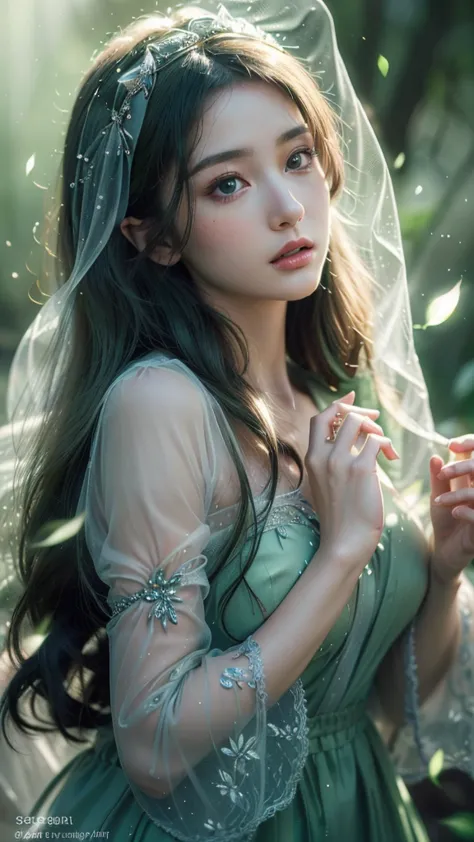 8k, very highly detailed, close-up portrait of a beautiful anime-style girl wearing a semi-transparent veil, beautiful green vei...