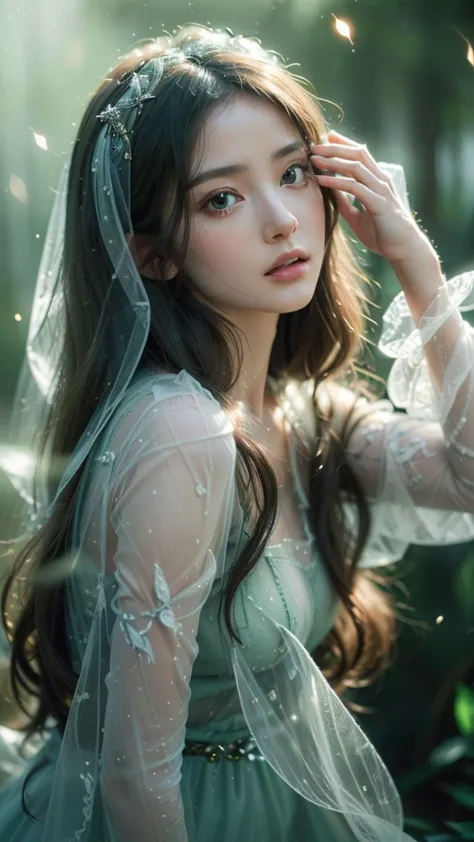 8k, very highly detailed, close-up portrait of a beautiful anime-style girl wearing a semi-transparent veil, beautiful green vei...