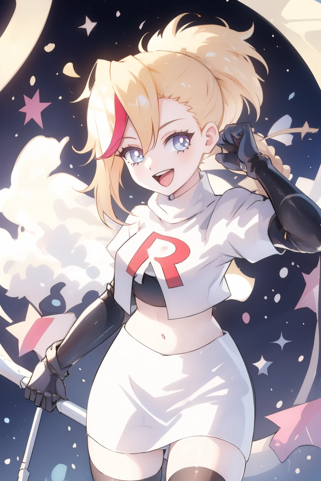 luna, 1girl, solo, long_hair, smile, open_mouth, bangs, blue_eyes, , hair_ornament, ponytail, braid, flower, :d, hair_flower, blue_flower, team rocket,team rocket uniform, red letter R, white skirt,white crop top,black thigh-highs ,black elbow gloves