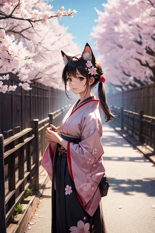 Cat,,standing，Japanese clothing，Cherry blossoms，Sunlight
