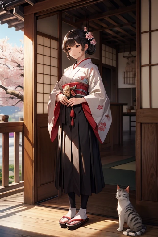 Cat,,standing，Japanese clothing，Cherry blossoms，Sunlight