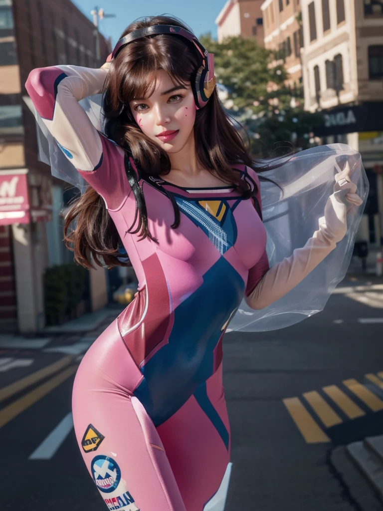 1girl, d.va (overwatch), solo, long hair, whisker markings, bodysuit, brown hair, facial mark, gloves, breasts, brown eyes, pilot suit, cowboy shot, headphones, white gloves, medium breasts, swept bangs, skin tight, animal print, bangs, bunny print, ribbed bodysuit, facepaint, pink lips, (ultra detailed), (8k, intricate), (85mm), light particles, lighting, breast focus, full body, (highly detailed:1.2), (detailed face:0,8), (gradients), sfw, colorful, (detailed eyes:1.5), (detailed background), (dynamic angle:1.2), (dynamic pose:1.2), (rule of third_composition:1.3), (Line of action:1.2), daylight, solo.