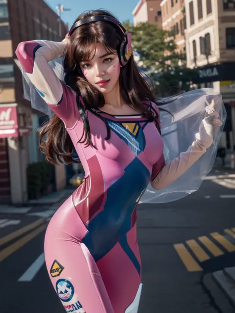 1girl, d.va (overwatch), solo, long hair, whisker markings, bodysuit, brown hair, facial mark, gloves, breasts, brown eyes, pilo...