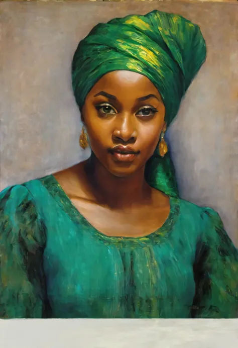 oil painting, uma linda mulher africana, parecida com a rihana jovem, com um turbante, e um vestido verde e dourado, uma rainha,...