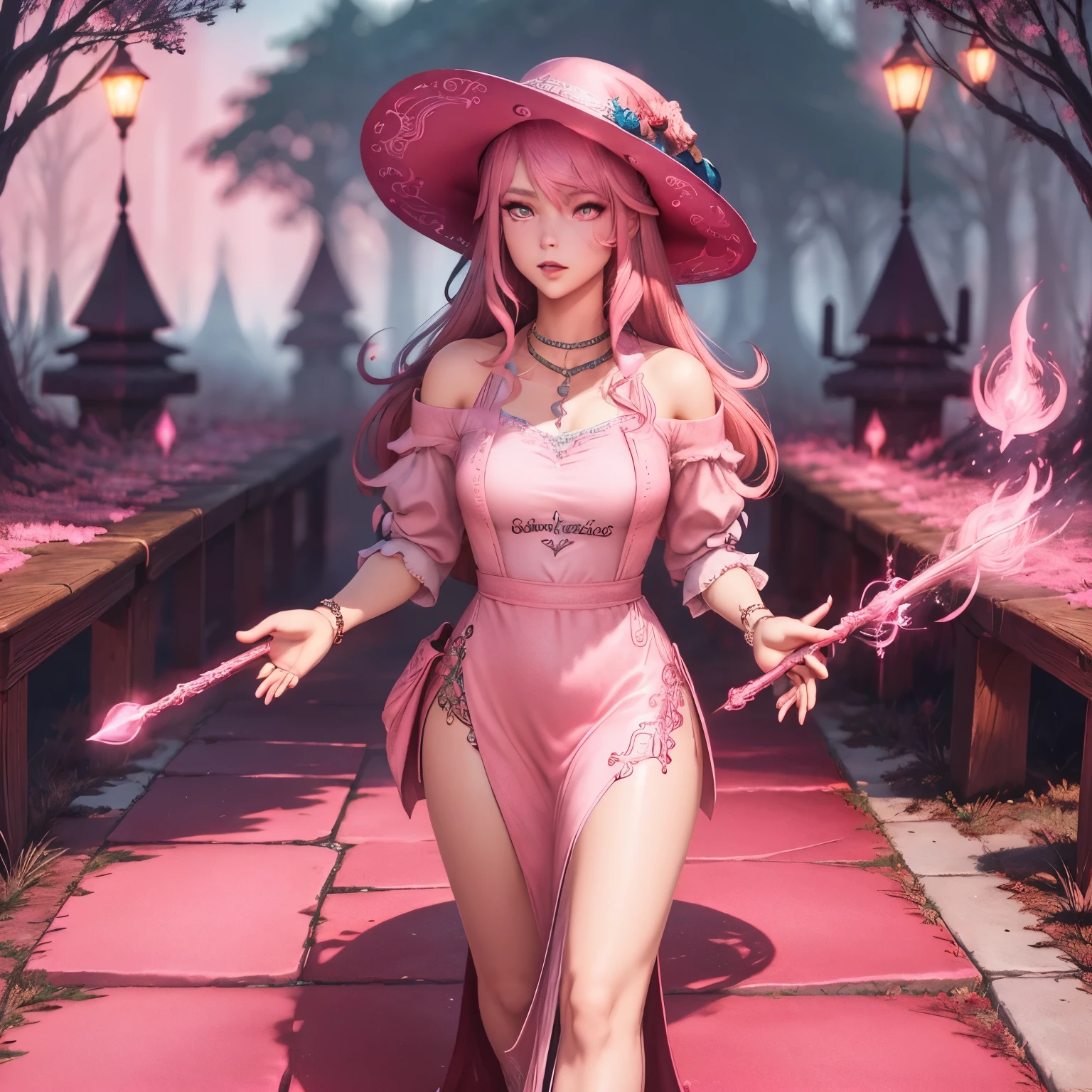 (Best Quality,4k,8K,hight resolution:1.2),Ultra-detailed,Anime style,[witchy,The Witch Girl,Fantasy Girl,anime girl],beautiful detail eyes, looks like elizabeth montgomery, beautiful detailed lips,Extremely detailed eyes and face,long eyelashes,Pink colored hair, pink hair, fluttering in the wind, magical robe, gown, balenciaga style dress, Pink and maroon witch's Hat, modern high fashion,[enchanted,The Enchanted snowy mystical background, A magical snowy forest],Magic Glowing Light,sparkling stars,Forest Creatures,A whimsical pink and maroon snowy atmosphere,Witch's Staff,Glowing magic runes,incantation,Beautiful moonlit sky,Mysterious Shadows,Flickering Fireflies,Soothing colors, pink flamingoes, Fantasy elements,magic atmosphere,Magic Essence,otherworldly charm,Harmony of nature,Peace and tranquility,Soft and fabulous,A Continuous Flow of Magic,Enchanted Aura,stage, Looks like a storybook, Spellbinding