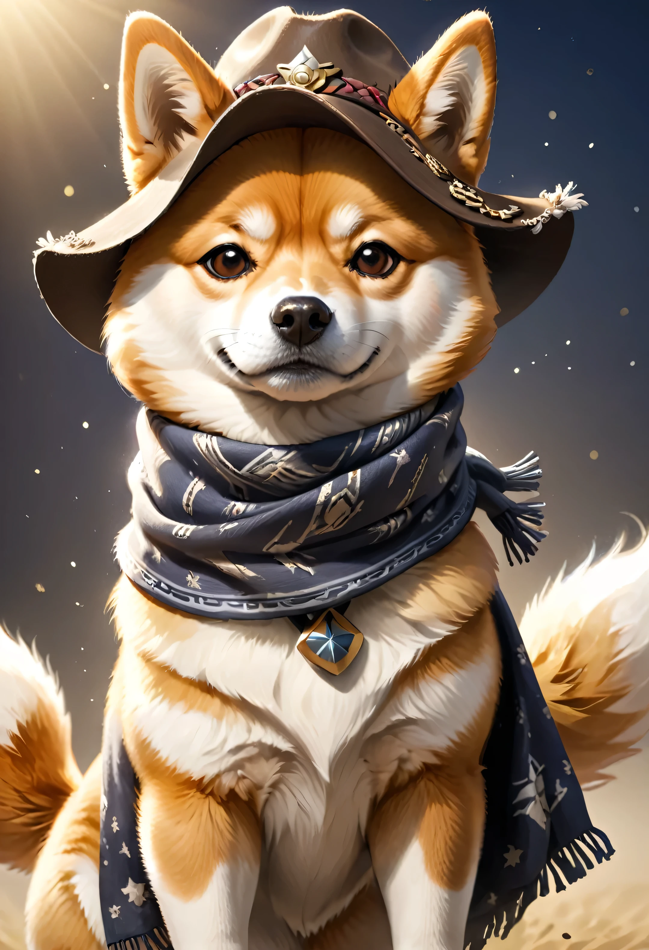 カウボーイ:((柴犬)),カウボーイ costume:詳細,カウボーイ hat,スカーフ,砲手,西洋の背景,複雑な詳細,美しい光と影,調理済み,動物の擬人化,Anthropomorphic 柴犬,いいね,Fluffy 柴犬,ふわふわの質感