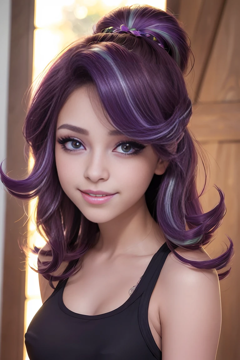 (masterpiece, The best quality:1.2), only, 1 girl , beautiful teenage girl , teenage model , Caucasian , mlp  , big breasts ,smug smile , make-up , Red lips  , 17 years , beautiful teenage girl , Teenage model , purple eyes , store , it&#39;s night outside   , Full body photo , mlp , purple hair with purple highlights , mlp , Starlight Glimmer , sexy magician clothes