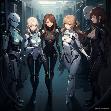 Multiple robot women, They all have the perfect human female face.., Everything except the face is mechanical.., Not everyone is...