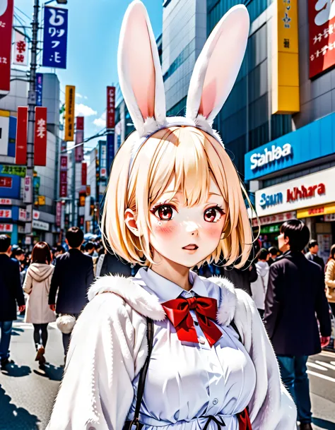 Illustration of a girl wearing rabbit ears, fluffy white costume, rabbit cosplayer,
on the streets of Akihabara