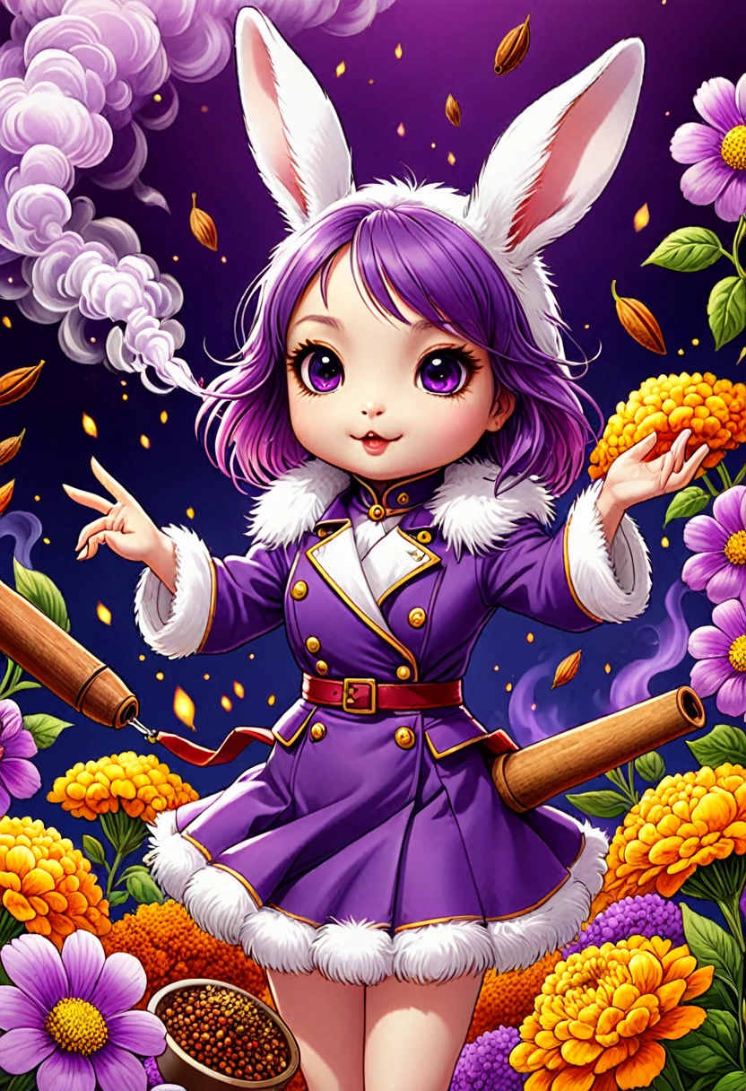 Chibi, super-deformed Rabbit-girl with fluffy fur, rendered in vibrant purple hues, nestled amongst blooms of varying spices on a clear aureolin background, In a close-up focus, brought to life by the joint illustrative genius of Ross Tran and Alex Grey. Fluttering in the scene, sparks and smoke dancing in the backdrop, interspersed with illustrations of artillery, High Resolution, High Quality, Masterpiece