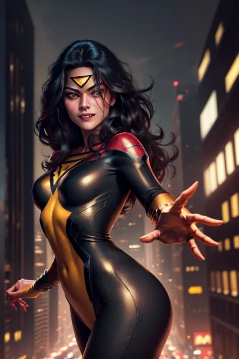 (ultra-detailed,highres,realistic:1.2),spider-woman,red-gold-black suit,sharp focus,dynamic pose,wisecracking smile,glowing eyes...